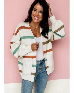 Cardigans*Azura Exchange Drop Shoulder Pocketed Stripe Sweater Cardigan Beige