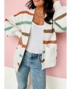 Cardigans*Azura Exchange Drop Shoulder Pocketed Stripe Sweater Cardigan Beige