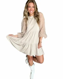 A Line Dresses*Azura Exchange Embellished Puff Sleeve Tiered A-line Dress Beige