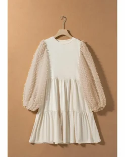 A Line Dresses*Azura Exchange Embellished Puff Sleeve Tiered A-line Dress Beige
