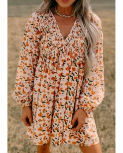 Smock Dresses*Azura Exchange Floral Deep V Neck Smocked Bust Bubble Sleeve Babydoll Dress Beige