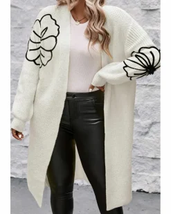 Cardigans*Azura Exchange Flower Embroidered Drop Shoulder Open Front Duster Cardigan Beige