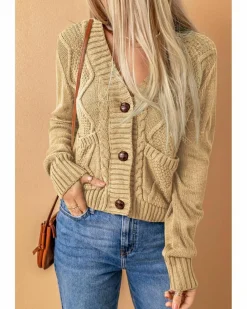 Cardigans*Azura Exchange Front Pockets Buttons Textured Cardigan Beige