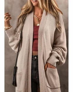 Cardigans*Azura Exchange Side Pockets Open Front Long Knitted Cardigan Beige
