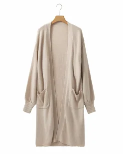 Cardigans*Azura Exchange Side Pockets Open Front Long Knitted Cardigan Beige