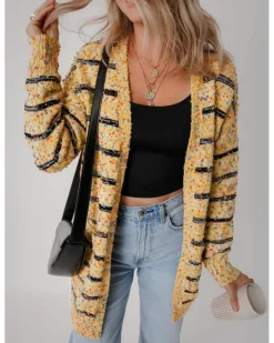 Cardigans*Azura Exchange Striped Pom Pom Knit Open Front Long Cardigan Beige