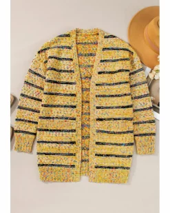 Cardigans*Azura Exchange Striped Pom Pom Knit Open Front Long Cardigan Beige