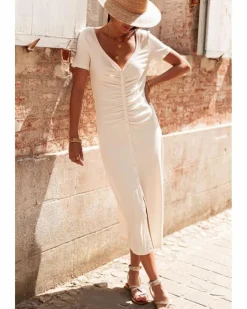 Shirt Dresses|T-Shirt Dresses*Azura Exchange V Neck Ruched Button Front French T-shirt Dress Beige
