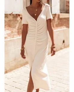 Shirt Dresses|T-Shirt Dresses*Azura Exchange V Neck Ruched Button Front French T-shirt Dress Beige