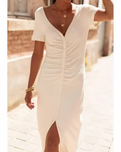 Shirt Dresses|T-Shirt Dresses*Azura Exchange V Neck Ruched Button Front French T-shirt Dress Beige