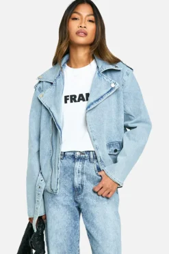 Up To 80% Off Winter Warmers|Biker Jackets*boohoo Belted Denim Biker Jacket light wash