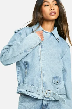 Up To 80% Off Winter Warmers|Biker Jackets*boohoo Belted Denim Biker Jacket light wash