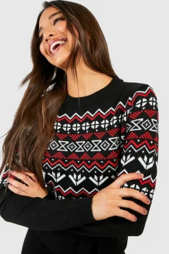 Jumper Dresses|Jumper Dresses*boohoo Belted Fairisle Christmas Jumper Dress black