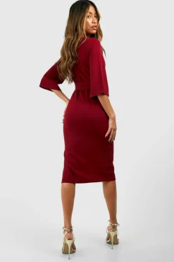 Midi Dresses*boohoo Belted Half Sleeve Side Split Midi Dress merlot
