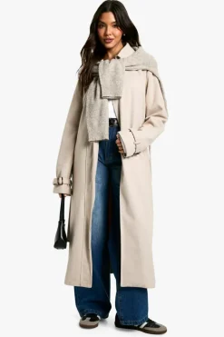 Up To 80% Off Winter Warmers|Wool Look Coats*boohoo Belted Herringbone Wool Look Coat stone