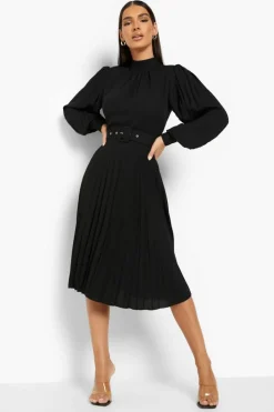 Skater Dresses|Mini Dresses*boohoo Belted High Neck Pleated Skater Dress black