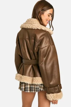Up To 80% Off Winter Warmers|Aviator Jackets*boohoo Belted Luxe Teddy Trim Jacket brown