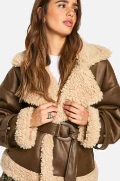 Up To 80% Off Winter Warmers|Aviator Jackets*boohoo Belted Luxe Teddy Trim Jacket brown