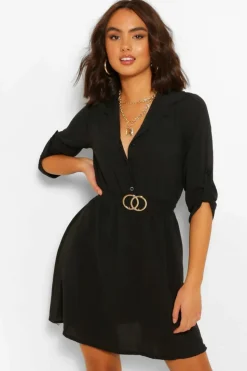 Shirt Dresses*boohoo Belted Shirt Dress black