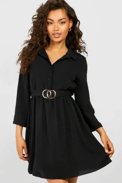 Shirt Dresses*boohoo Belted Shirt Dress black