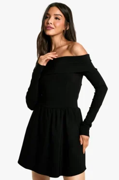 Skater Dresses*boohoo Bengaline bardot fold over skater dress black