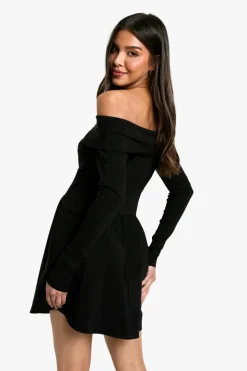 Skater Dresses*boohoo Bengaline bardot fold over skater dress black