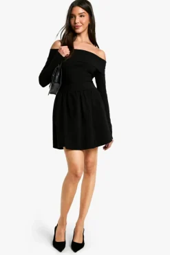 Skater Dresses*boohoo Bengaline bardot fold over skater dress black