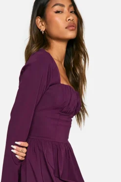 Skater Dresses|Mini Dresses*boohoo Bengaline Corset Long Sleeve Skater Dress plum