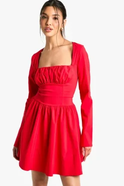 Skater Dresses*boohoo Bengaline Corset Long Sleeve Skater Dress red