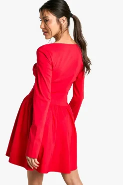 Skater Dresses*boohoo Bengaline Corset Long Sleeve Skater Dress red