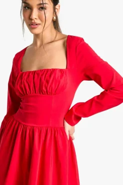 Skater Dresses*boohoo Bengaline Corset Long Sleeve Skater Dress red