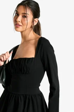 Skater Dresses*boohoo Bengaline Corset Long Sleeve Skater Dress black