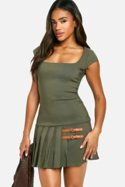 Skater Dresses*boohoo Bengaline Pleated Square Neck Mini Dress khaki