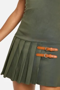 Skater Dresses*boohoo Bengaline Pleated Square Neck Mini Dress khaki