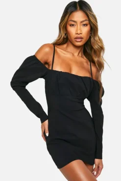 Bodycon Dresses*boohoo Bengaline Puff Sleeve Mini Dress black