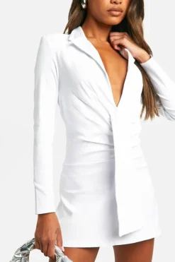 Blazer Dresses*boohoo Bengaline Ruched Tie Detail Blazer Dress white