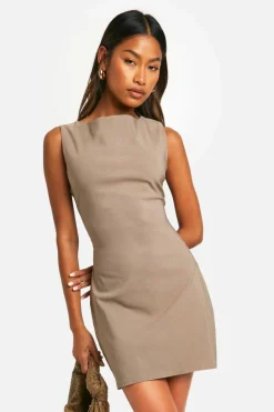 Mini Dresses|Suits & Tailoring*boohoo Bengaline Slash Neck Fit & Flare Mini Dress mocha