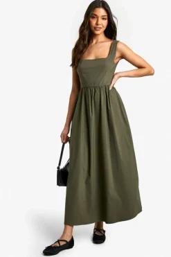 Skater Dresses*boohoo Bengaline Square Neck Skater Midaxi Dress khaki