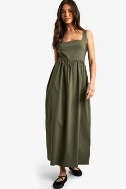 Skater Dresses*boohoo Bengaline Square Neck Skater Midaxi Dress khaki