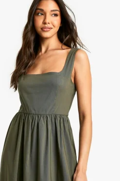 Skater Dresses*boohoo Bengaline Square Neck Skater Midaxi Dress khaki