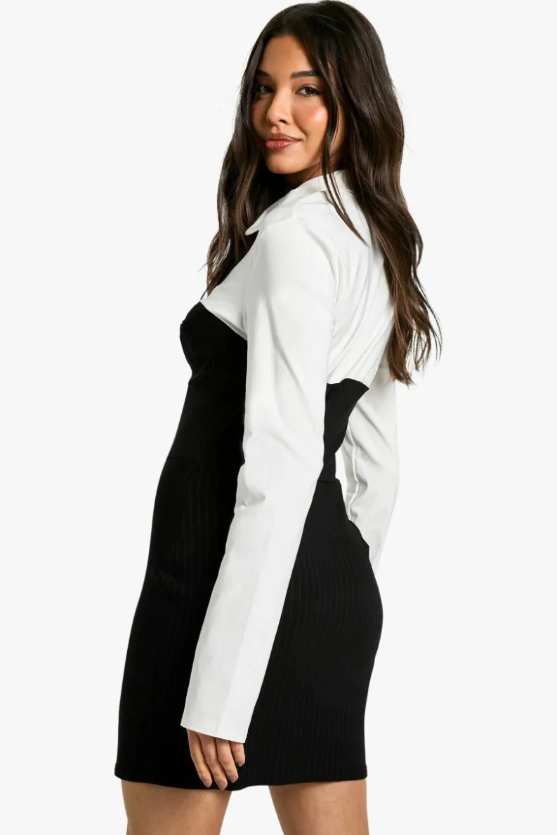 Shirt Dresses|Bodycon Dresses*boohoo Bengaline Two in One Corset Hook and Eye Shirt Mini Dress black