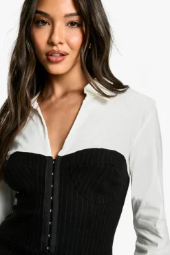 Shirt Dresses|Bodycon Dresses*boohoo Bengaline Two in One Corset Hook and Eye Shirt Mini Dress black