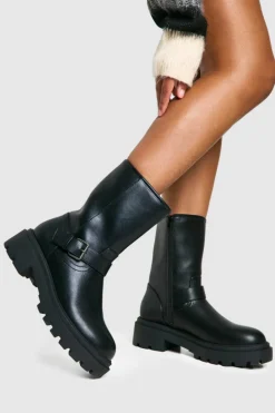 Chunky Boots|Biker Boots*boohoo Biker Buckle Detail Chunky Ankle Boot black