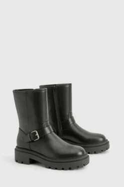 Chunky Boots|Biker Boots*boohoo Biker Buckle Detail Chunky Ankle Boot black