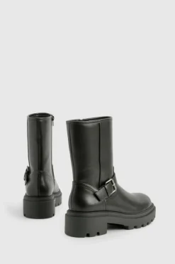 Chunky Boots|Biker Boots*boohoo Biker Buckle Detail Chunky Ankle Boot black