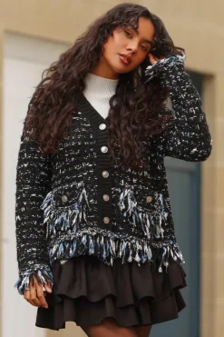 Cardigans*Quiz Boucle Knit Fringe Cardigan Black