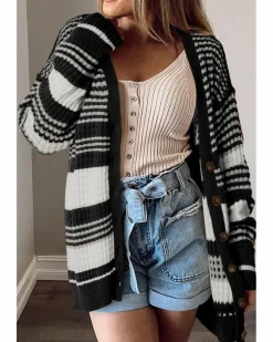 Cardigans*Azura Exchange Colorblock Textured Knit Buttoned Cardigan Black