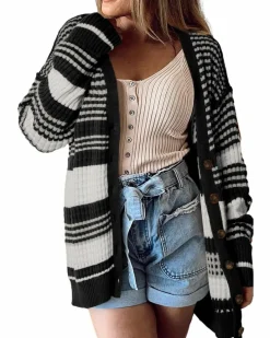 Cardigans*Azura Exchange Colorblock Textured Knit Buttoned Cardigan Black