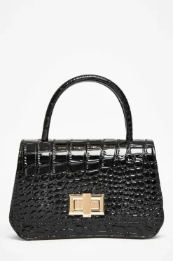 Handbags*Quiz Crocodile Print Top Handle Bag Black