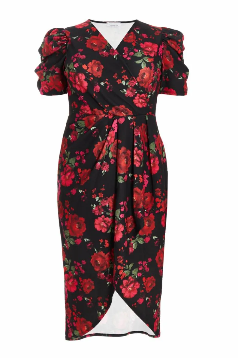Wrap Dresses|Midi Dresses*Quiz Curve Floral Wrap Midi Dress Black